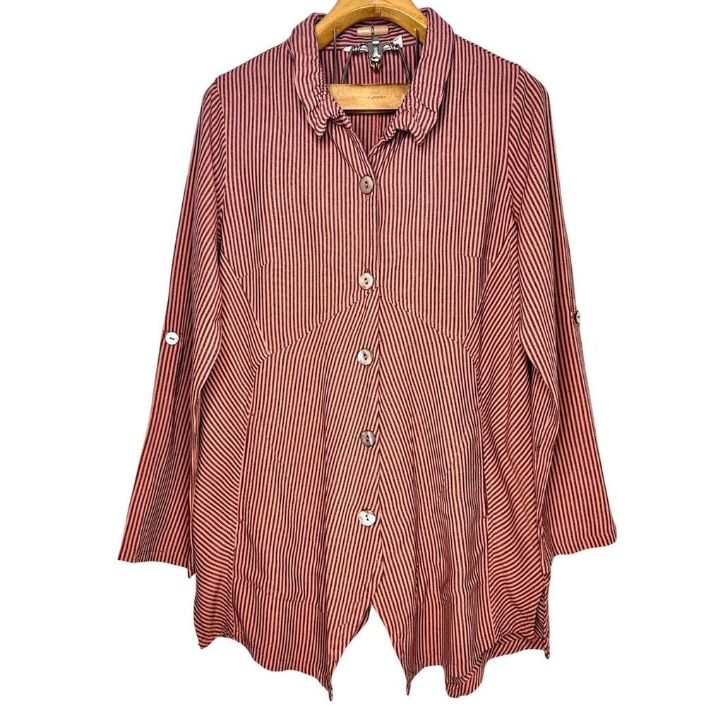 Soft Surroundings Sasha Tunic Shirt Stripes Down Asymmetrical Button Down Size L
